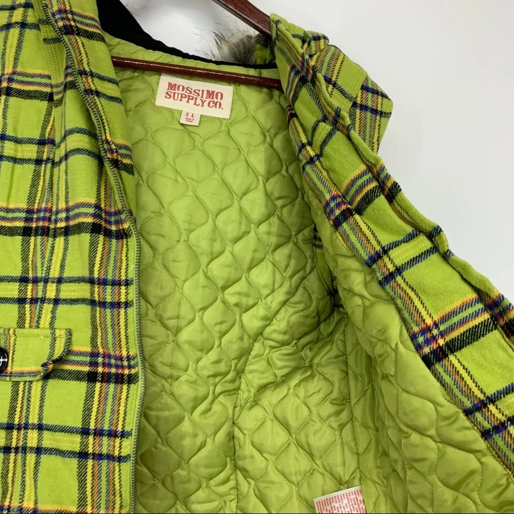 Mossimo Supply Co Retro Lime Green Blue Multi Plaid Full Zip Vest Faux Fur Hood - Picture 6 of 15